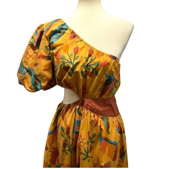 Farm Rio x Anthropologie One Shoulder Tropical Puff Sleeve Maxi Dress Large - Picture 9 of 16